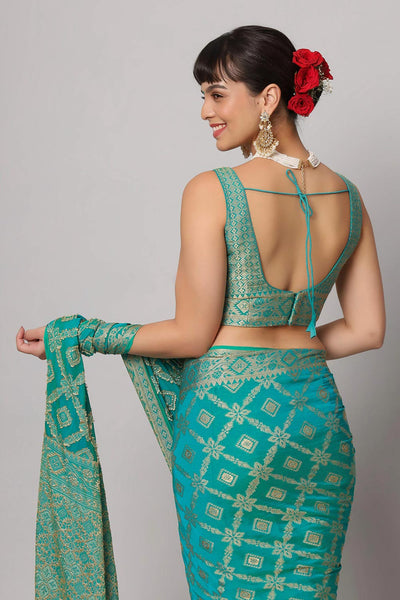 Buy Sana Turquoise Gold Embroidered Georgette One Minute Saree Online - Side