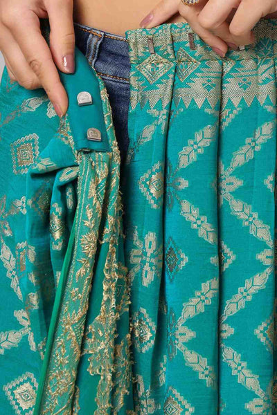 Buy Sana Turquoise Gold Embroidered Georgette One Minute Saree Online - Zoom In