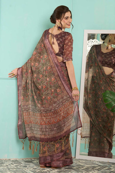 Shop Tulsi Brown Linen Botanical Print Banarasi One Minute Saree at best offer at our  Store - One Minute Saree