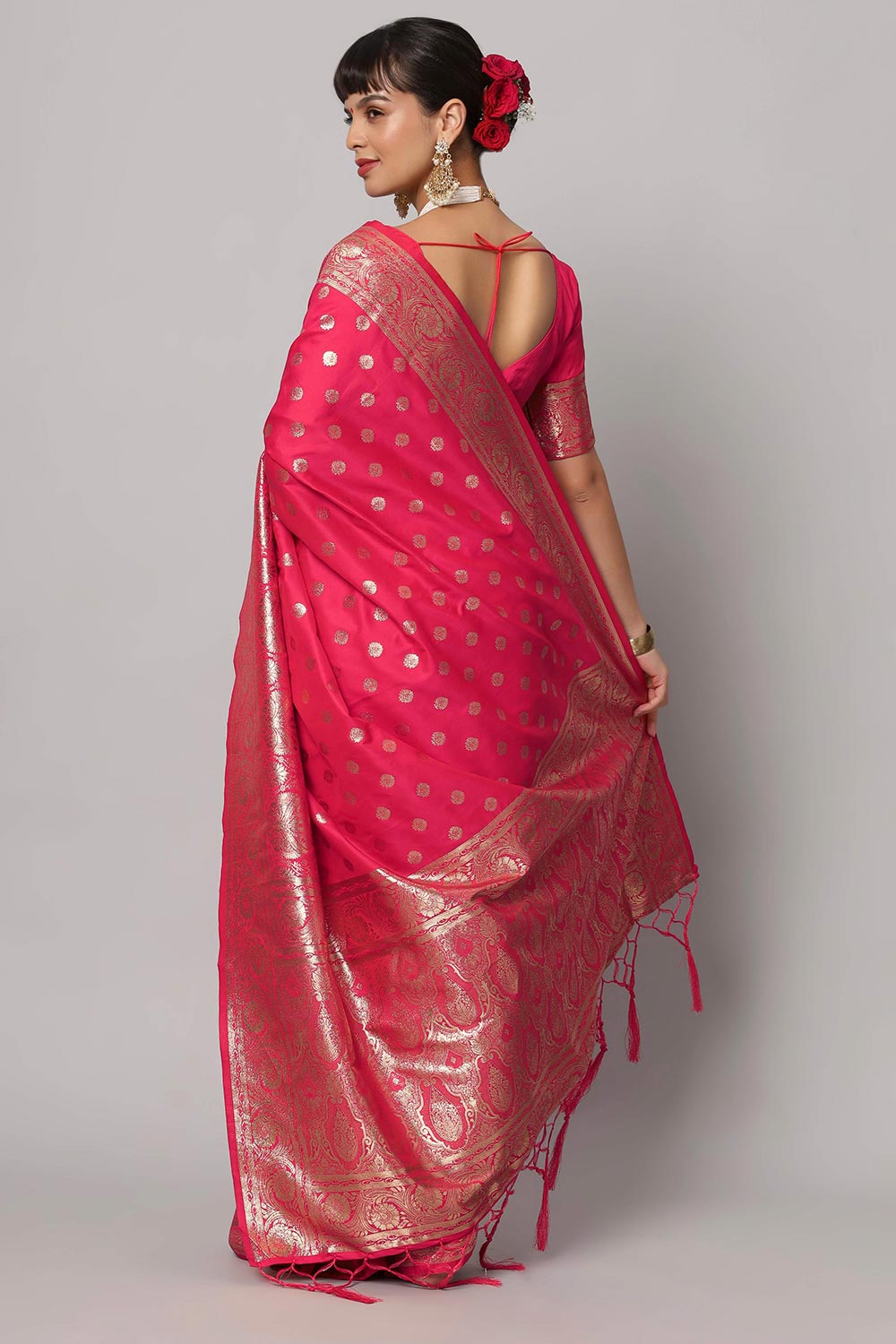 Shop Riya Rani Pink & Gold Full Embroidered Banarasi One Minute Saree at best offer at our  Store - One Minute Saree