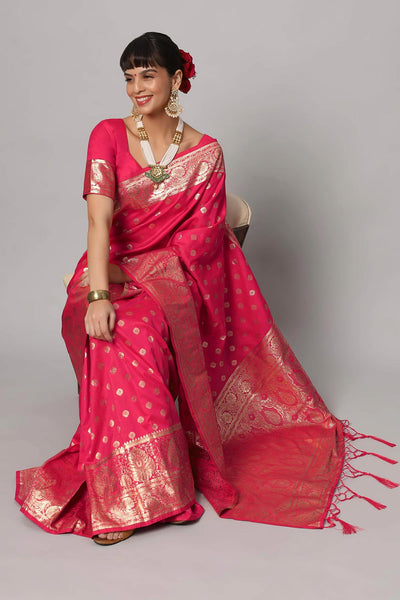 Buy Riya Rani Pink & Gold Full Embroidered Banarasi One Minute Saree Online - Back