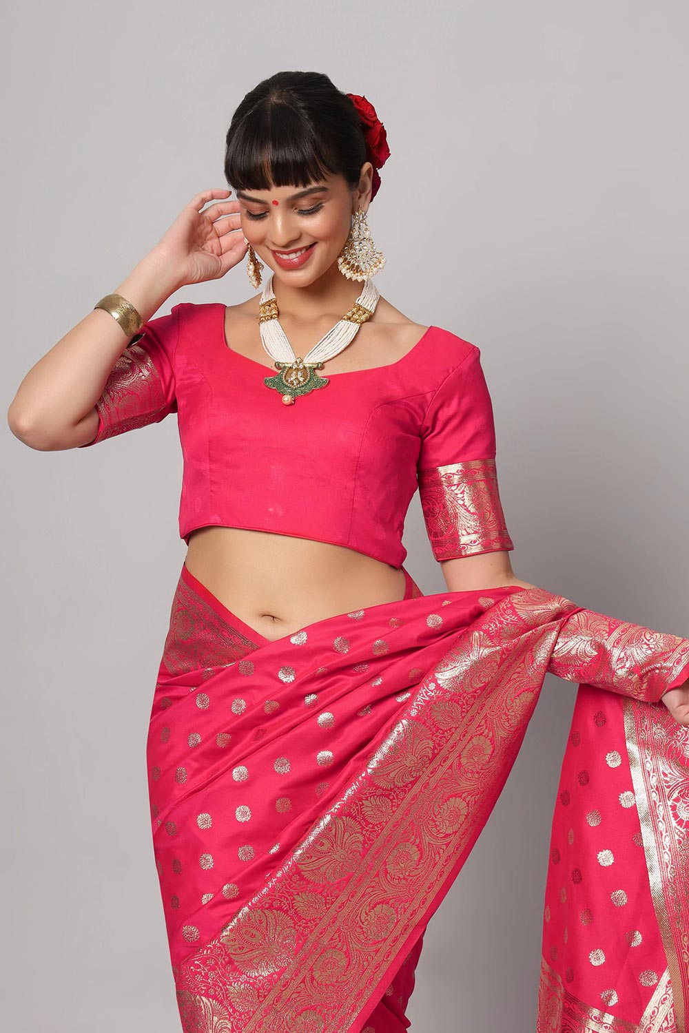 Buy Riya Rani Pink & Gold Full Embroidered Banarasi One Minute Saree Online - Front