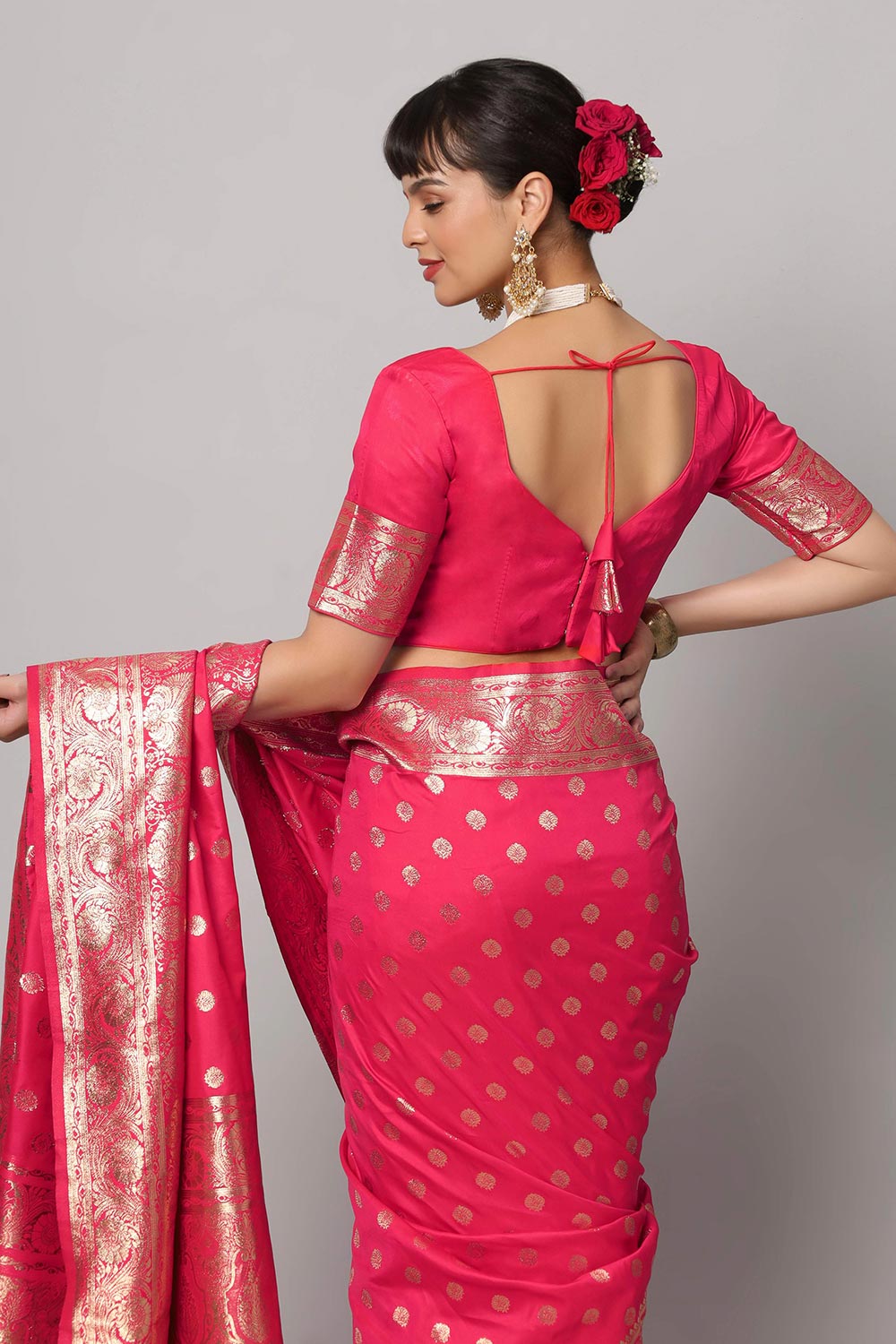 Buy Riya Rani Pink & Gold Full Embroidered Banarasi One Minute Saree Online - Side