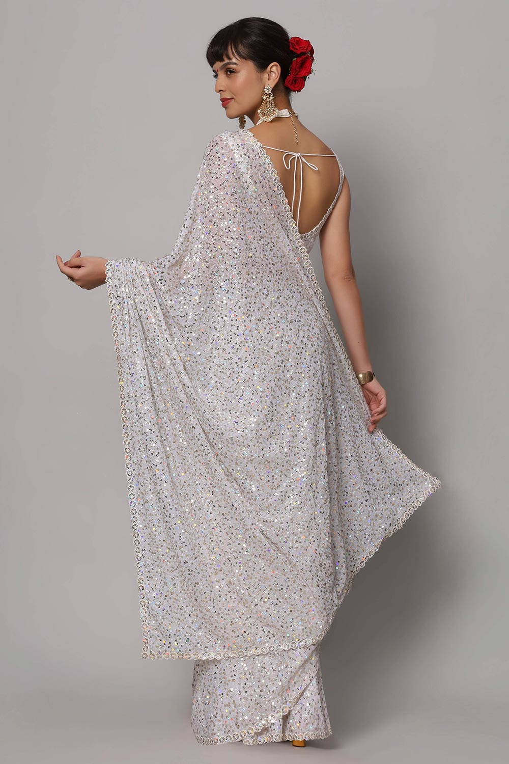 Shop Salma Pearl White Sequins Embroidery Faux Georgette One Minute Saree at best offer at our  Store - One Minute Saree