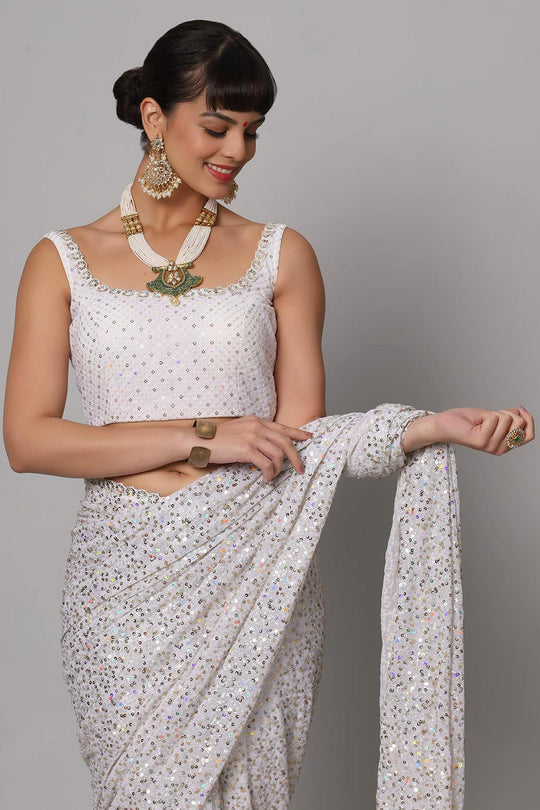 Buy Salma Pearl White Sequins Embroidery Faux Georgette One Minute Saree Online - Front