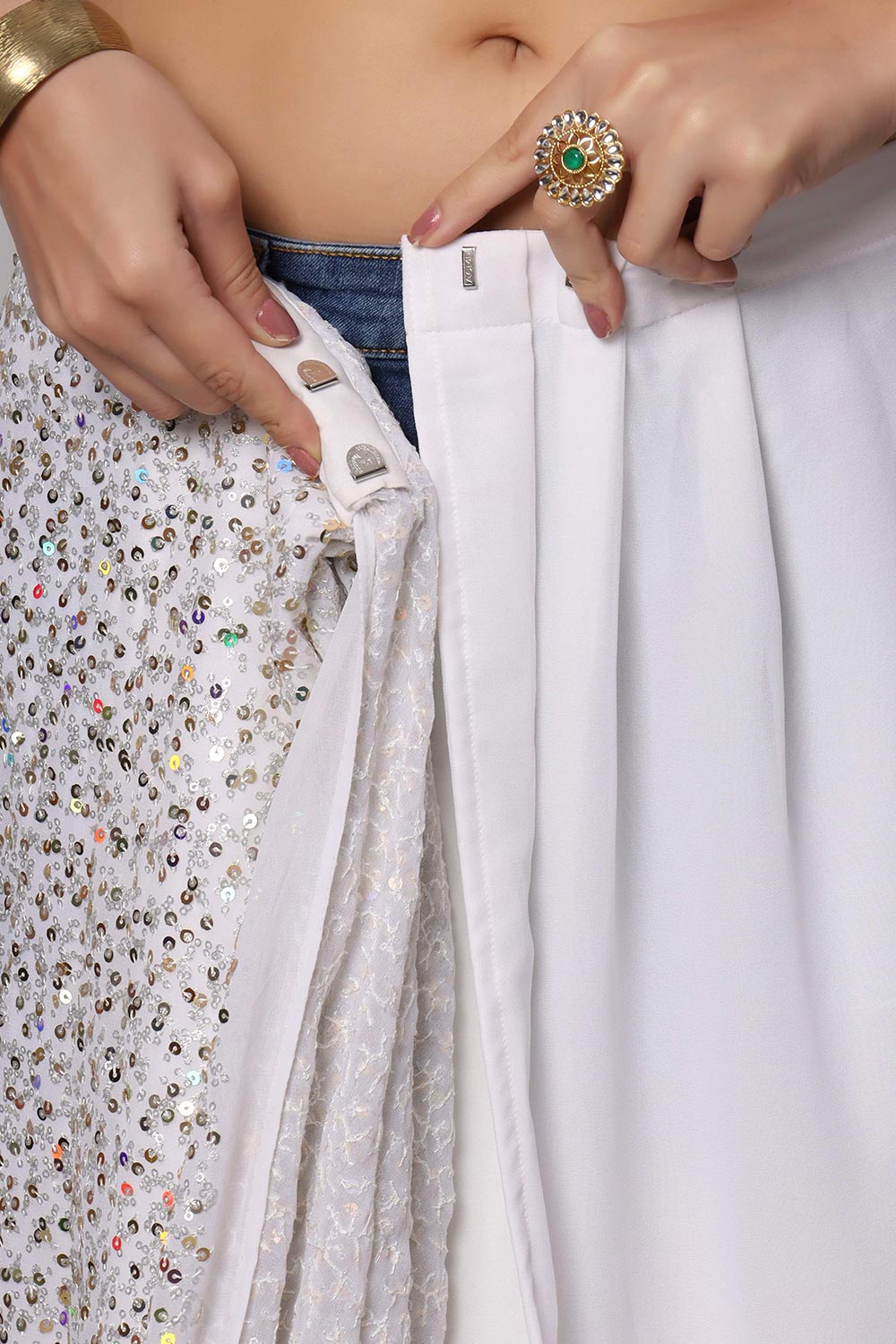 Buy Salma Pearl White Sequins Embroidery Faux Georgette One Minute Saree Online - Zoom In