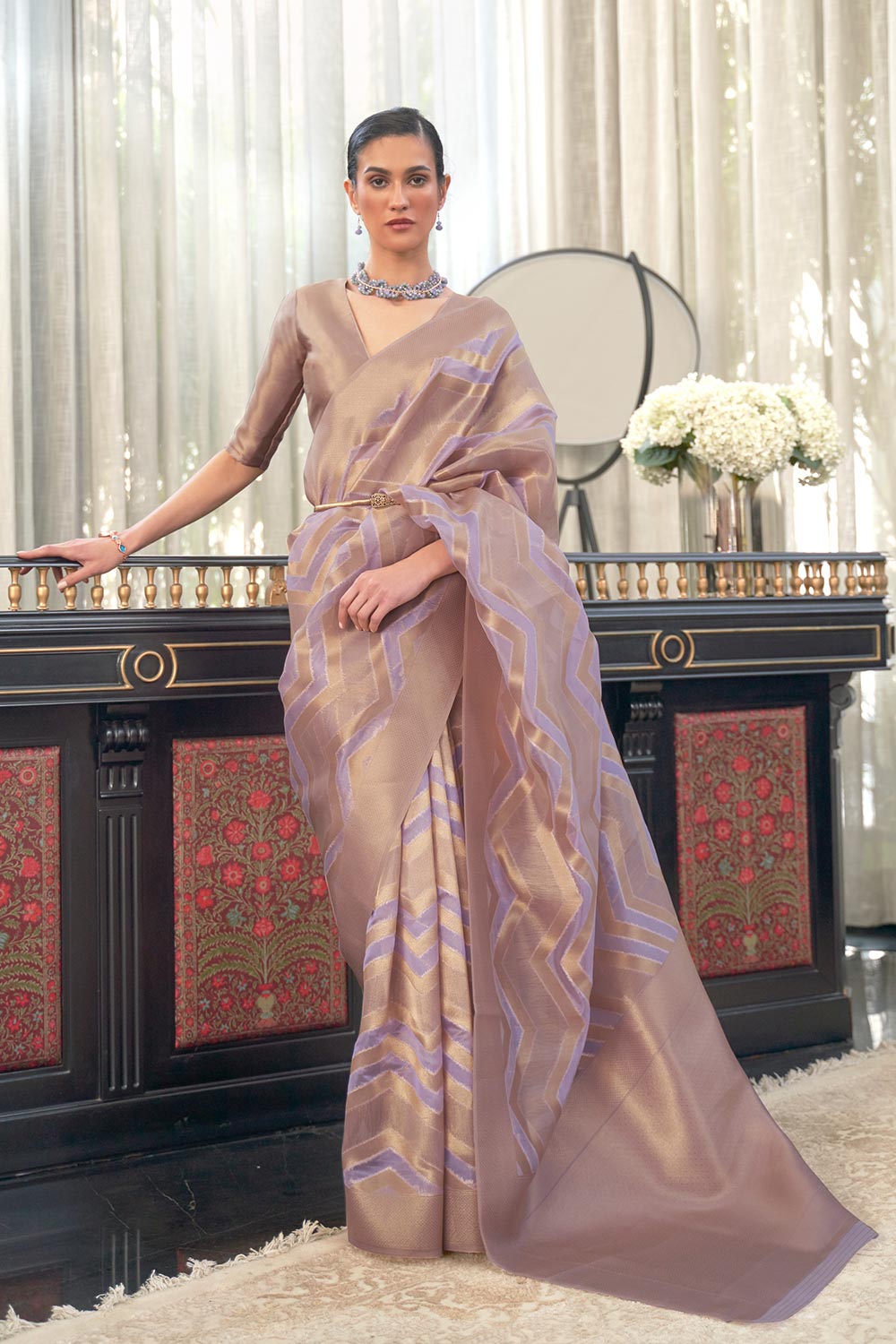 Buy Lavender Organza Lace Saree Online - One Minute Saree