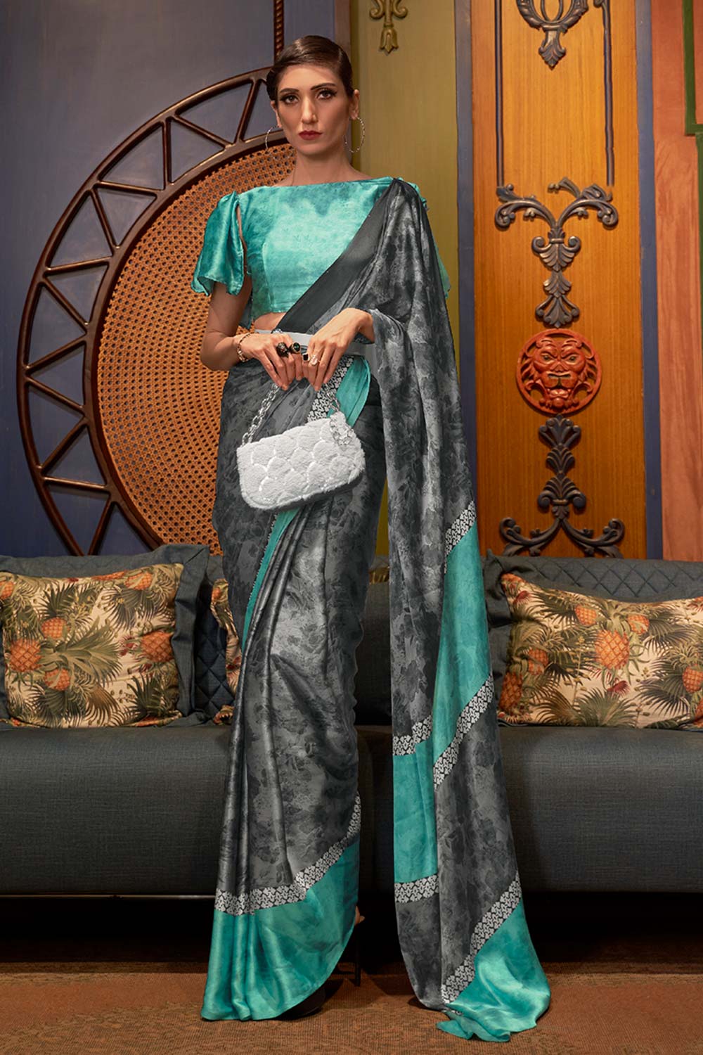 Buy Kalizey Grey & Turquoise Satin Printed Saree Online - One Minute Saree