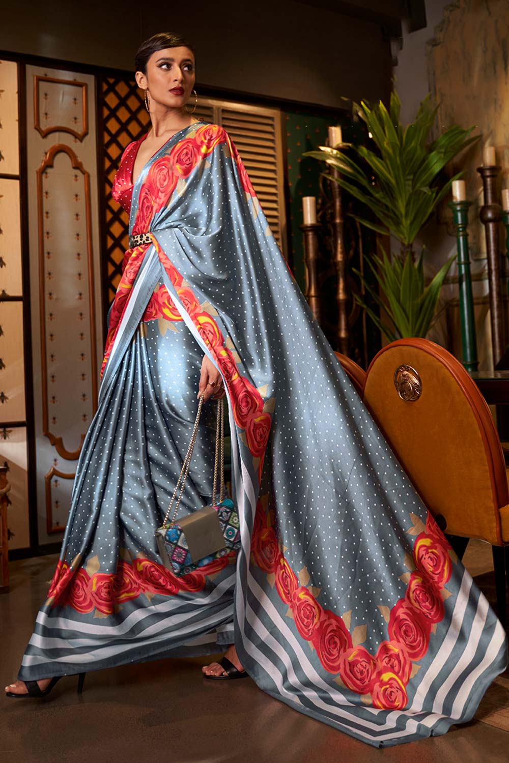 Buy Kalizey Grey Floral Print Satin Saree Online - One Minute Saree