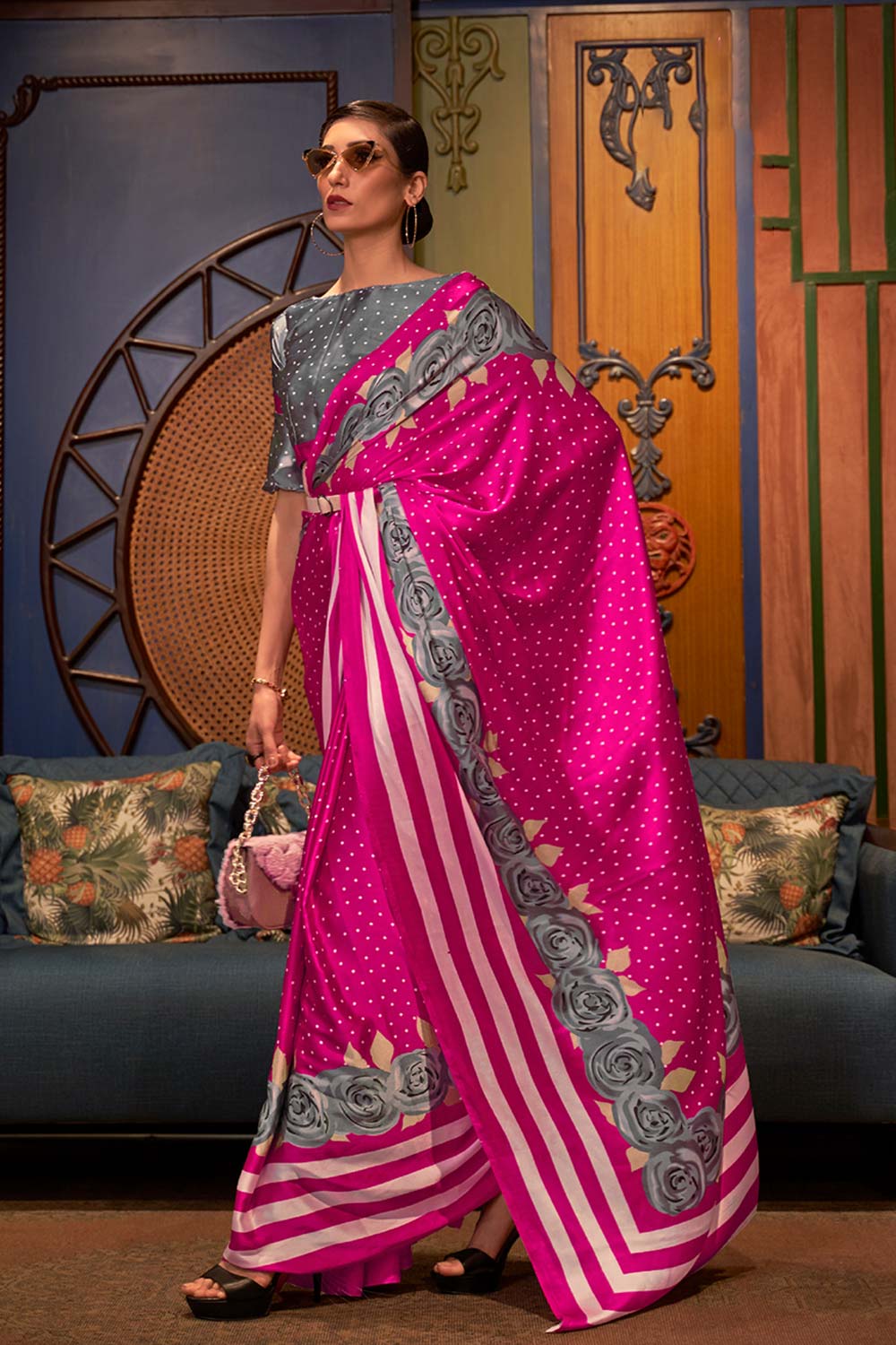 Buy Kalizey Pink Floral Print Satin Saree Online - One Minute Saree