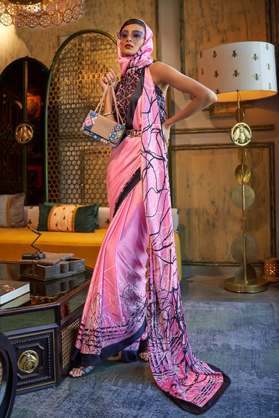 Buy Kalizey Pink Abstract Printed Satin Saree Online - One Minute Saree