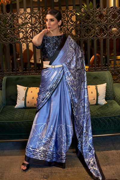 Buy Kalizey Blue Abstract Printed Satin Saree Online - One Minute Saree