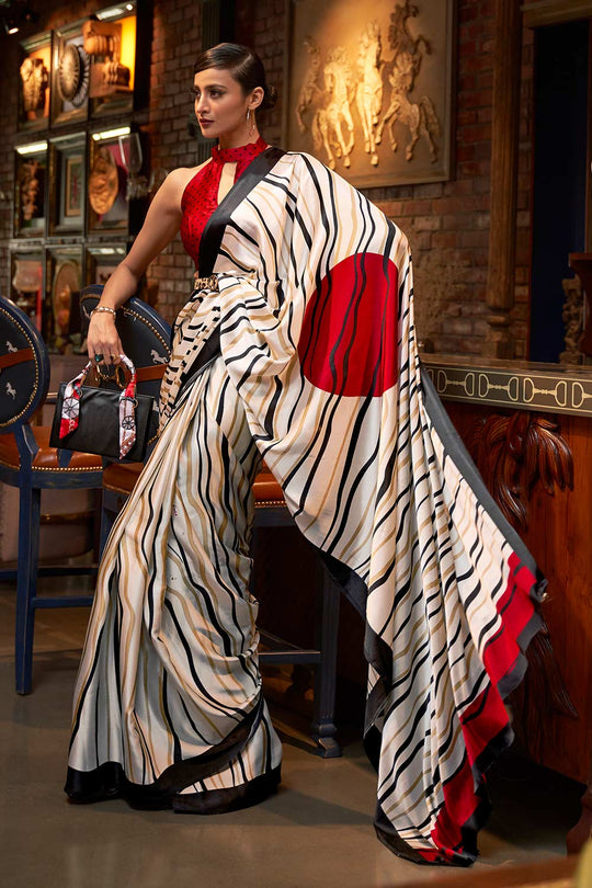 Buy White Satin Printed Saree Online - One Minute Saree