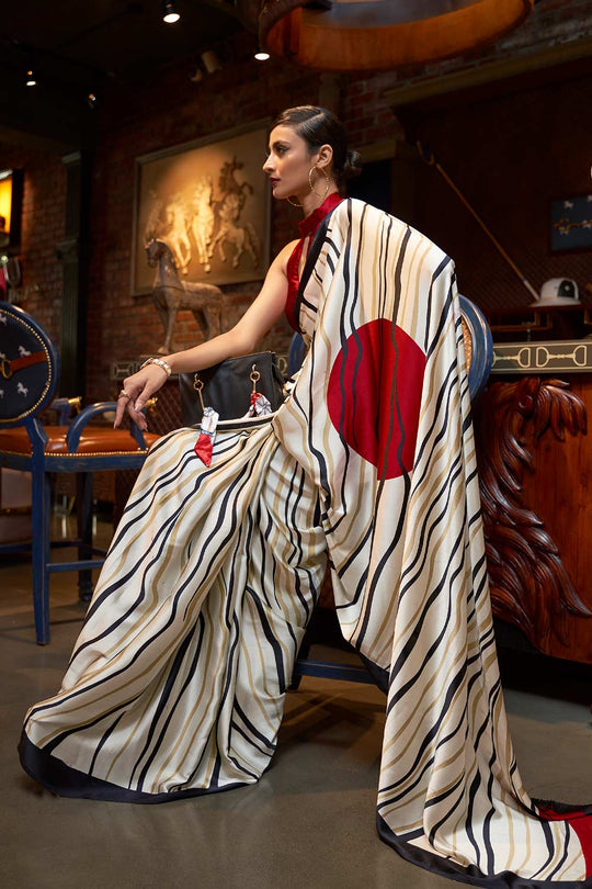 Shop White Satin Printed Saree at best offer at our  Store - One Minute Saree