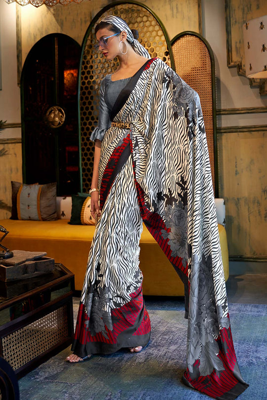 Shop Kalizey White Rose Floral Print Satin Saree at best offer at our  Store - One Minute Saree