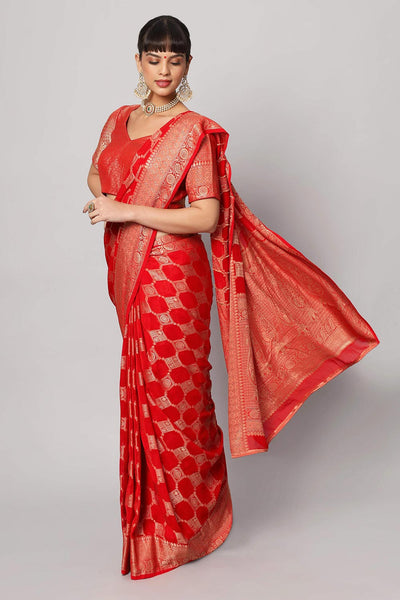 Buy Jiva Red Gold Embroidered Georgette One Minute Saree Online - One Minute Saree