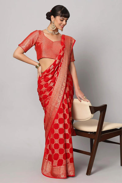 Buy Jiva Red Gold Embroidered Georgette One Minute Saree Online