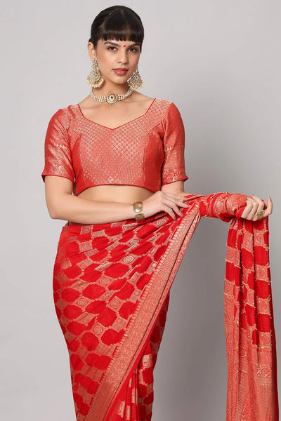 Buy Jiva Red Gold Embroidered Georgette One Minute Saree Online - Front