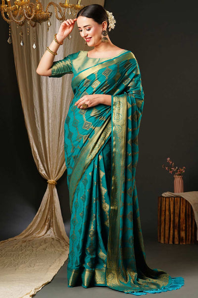 Buy Tiana Turquoise Blue Georgette Kanjivaram One Minute Saree Online - One Minute Saree