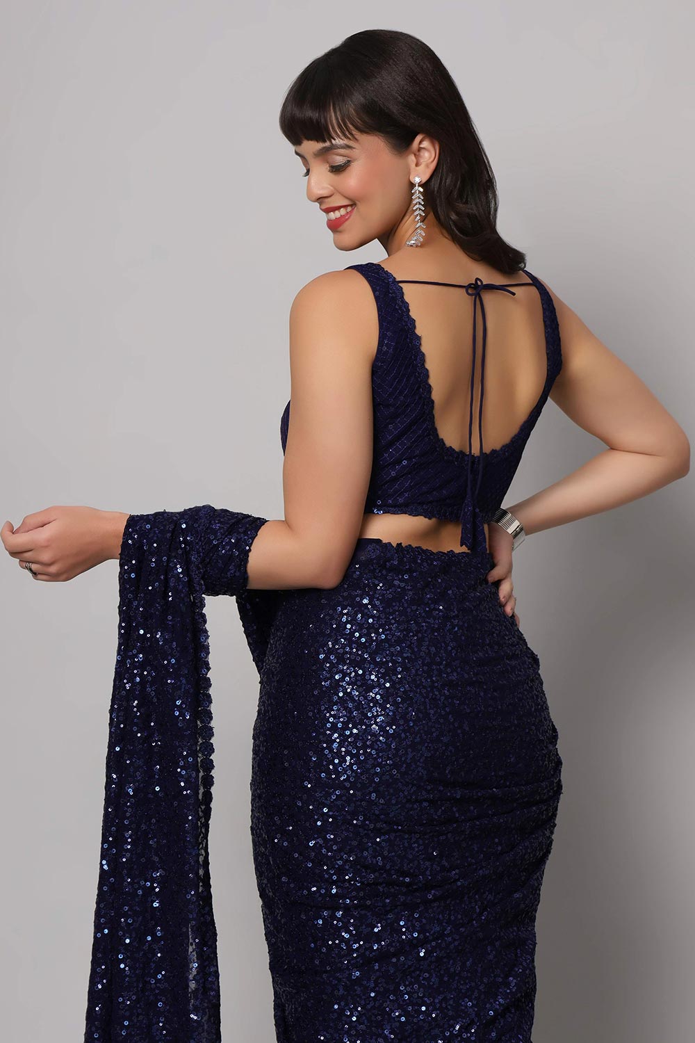 Buy Jesse Royal Blue Sequins Embroidery Faux Georgette One Minute Saree Online - Side