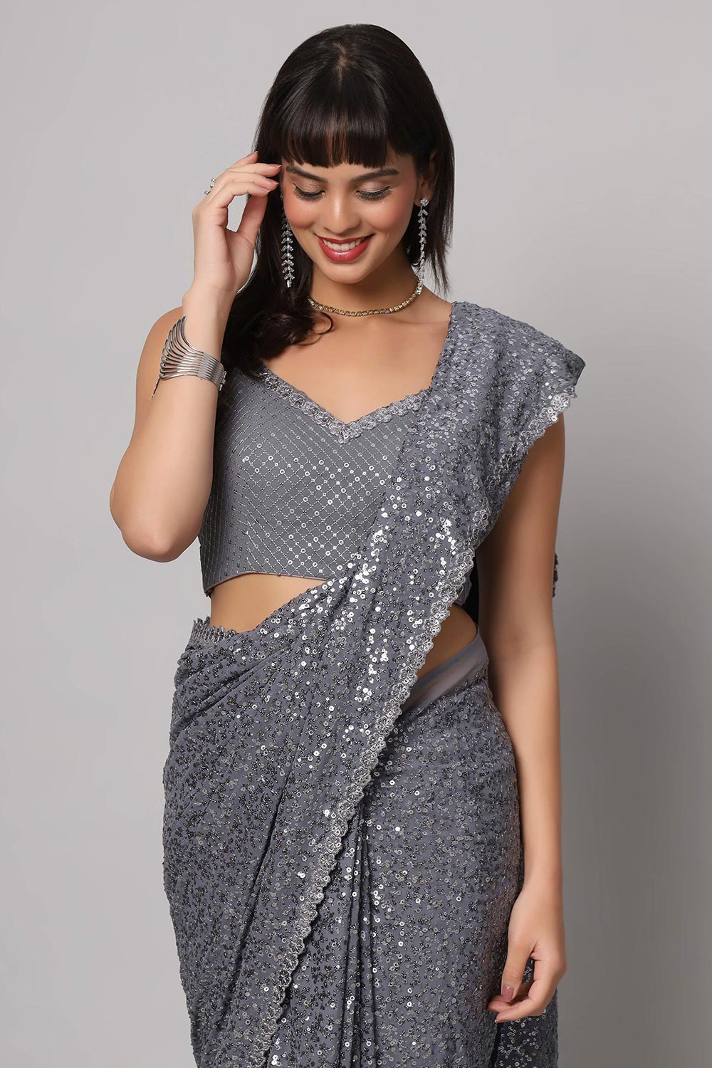 Buy Jessie Grey Faux Georgette Sequins One Minute Saree Online