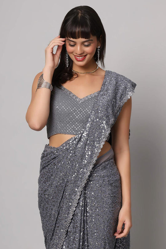 Buy Jessie Grey Faux Georgette Sequins One Minute Saree Online