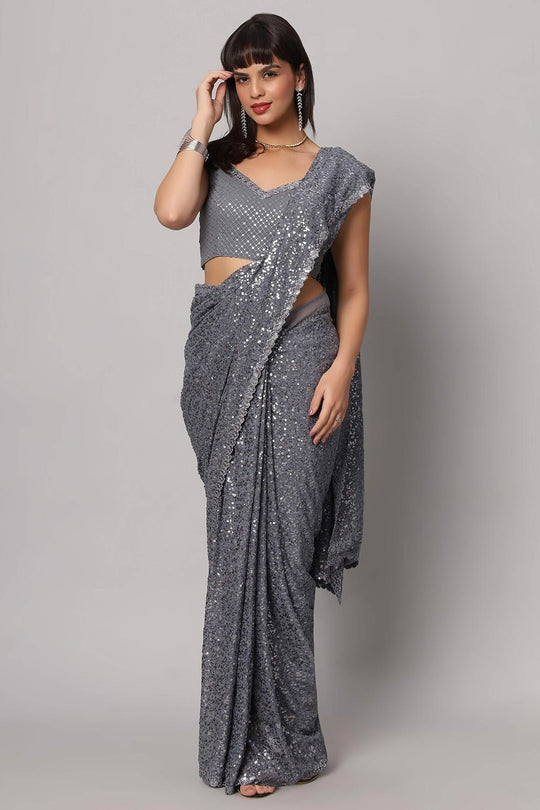 Buy Jessie Grey Faux Georgette Sequins One Minute Saree Online - One Minute Saree