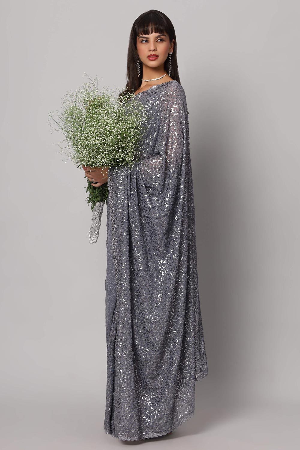 Buy Jessie Grey Faux Georgette Sequins One Minute Saree Online - Back