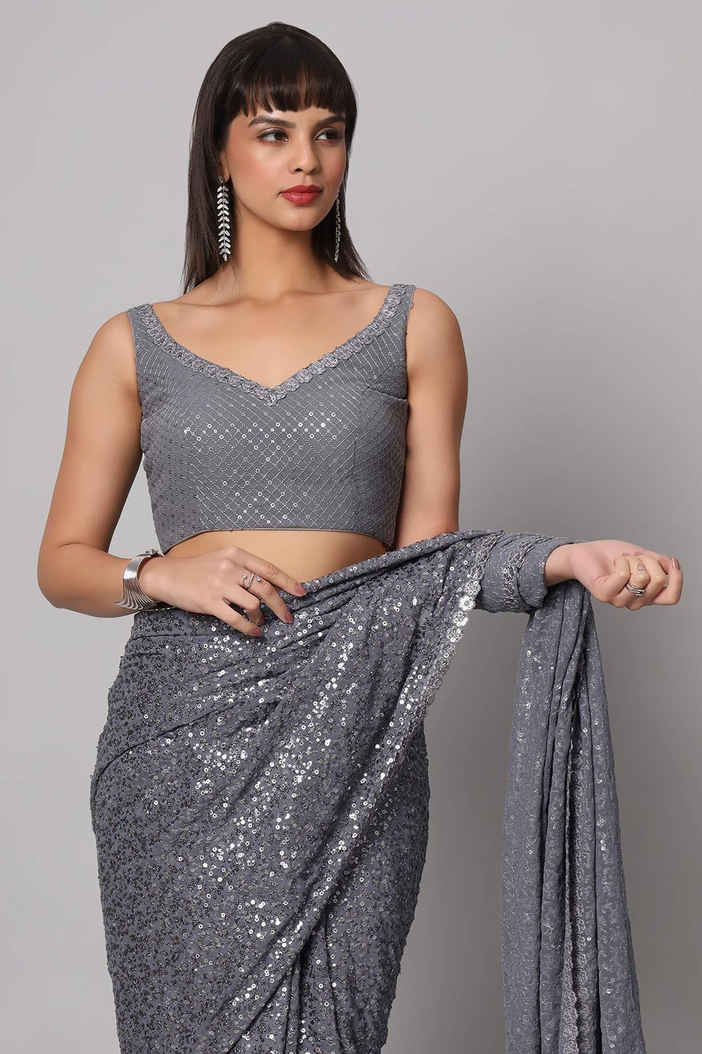 Buy Jessie Grey Faux Georgette Sequins One Minute Saree Online - Front