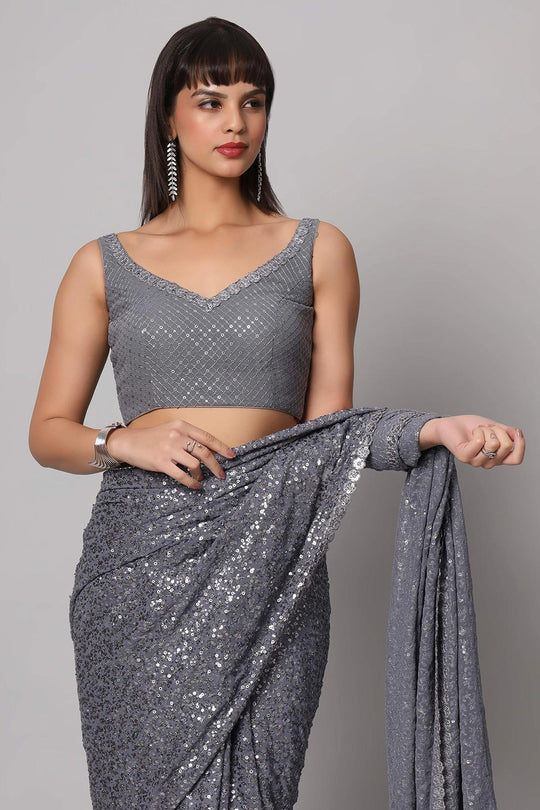 Buy Jessie Grey Faux Georgette Sequins One Minute Saree Online - Front