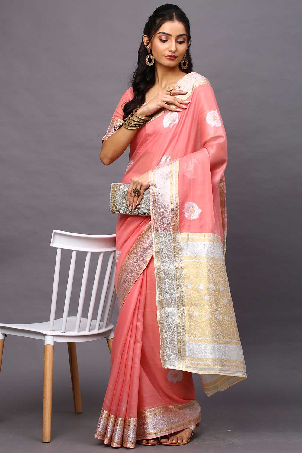 Buy Sharise Pink Banarasi Silk Cotton One Minute Saree Online