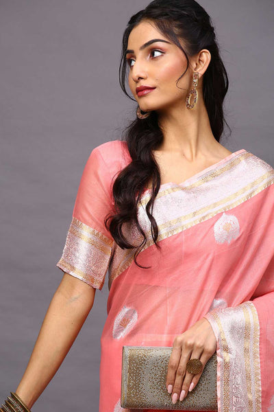 Buy Sharise Pink Banarasi Silk Cotton One Minute Saree Online - Back