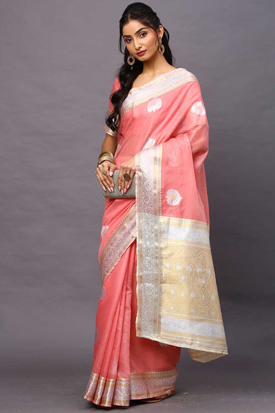 Buy Sharise Pink Banarasi Silk Cotton One Minute Saree Online - One Minute Saree