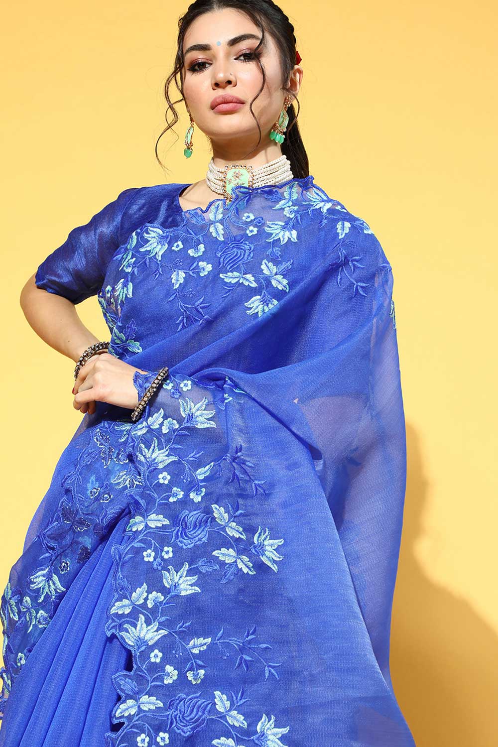 Buy Leanne Turquoise Embroidered Organza One Minute Saree Online - Back