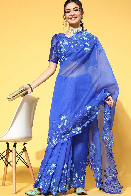Buy Leanne Turquoise Embroidered Organza One Minute Saree Online - One Minute Saree