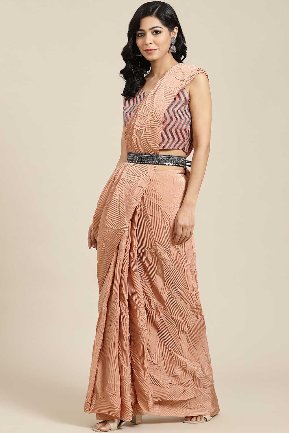 Buy Ruth Peach Solid Pure Crepe One Minute Saree Online - One Minute Saree