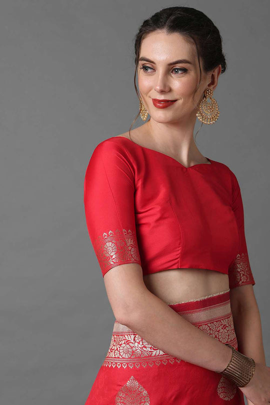 Buy Rina Red Woven Art Silk One Minute Saree Online - Back