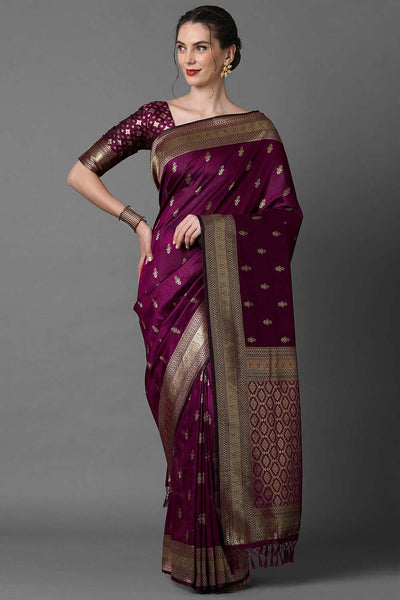 Buy Zina Burgundy Silk Blend Ethnic Motif Woven Design Banarasi One Minute Saree Online - One Minute Saree