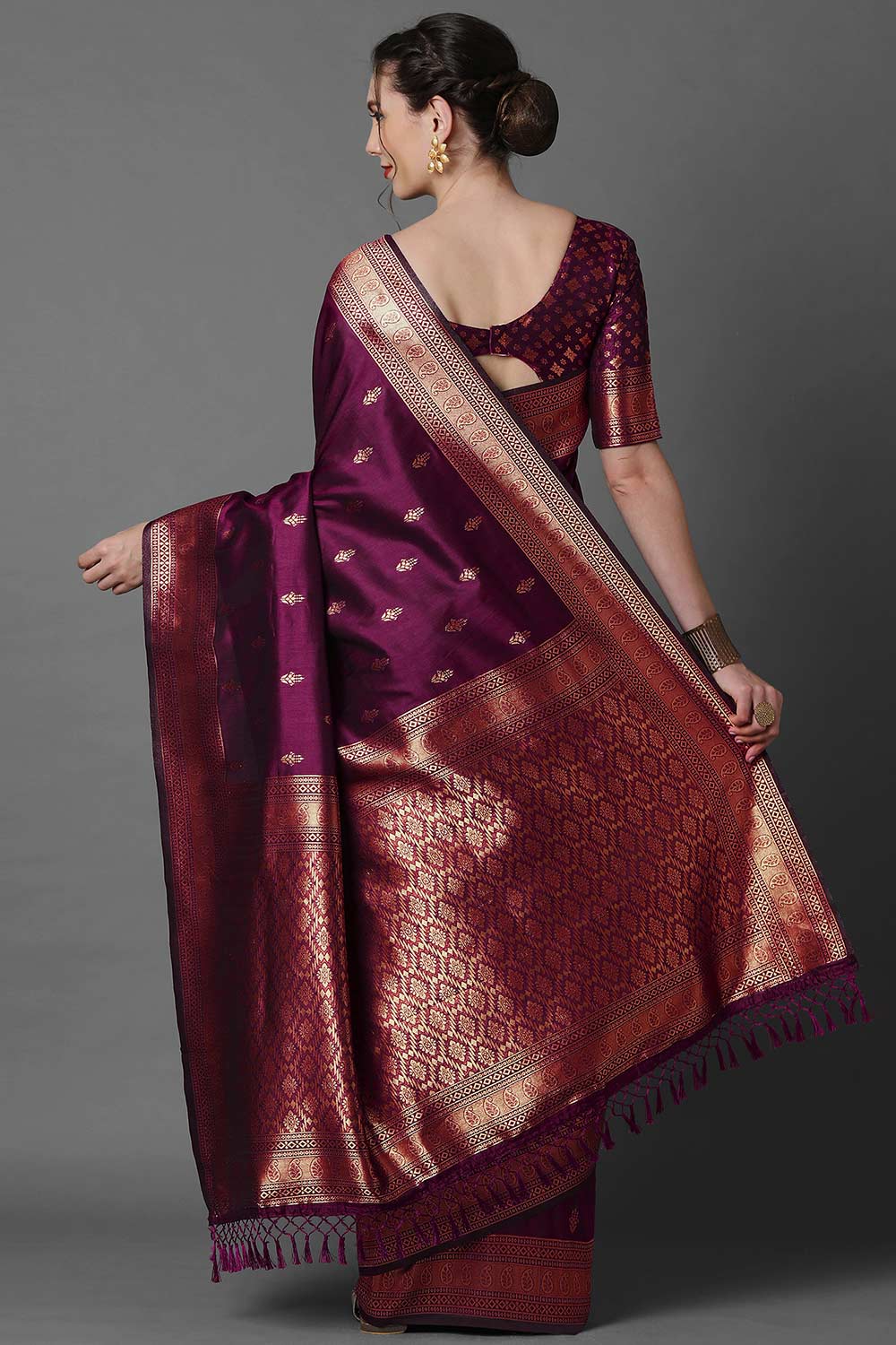 Shop Zina Burgundy Silk Blend Ethnic Motif Woven Design Banarasi One Minute Saree at best offer at our  Store - One Minute Saree