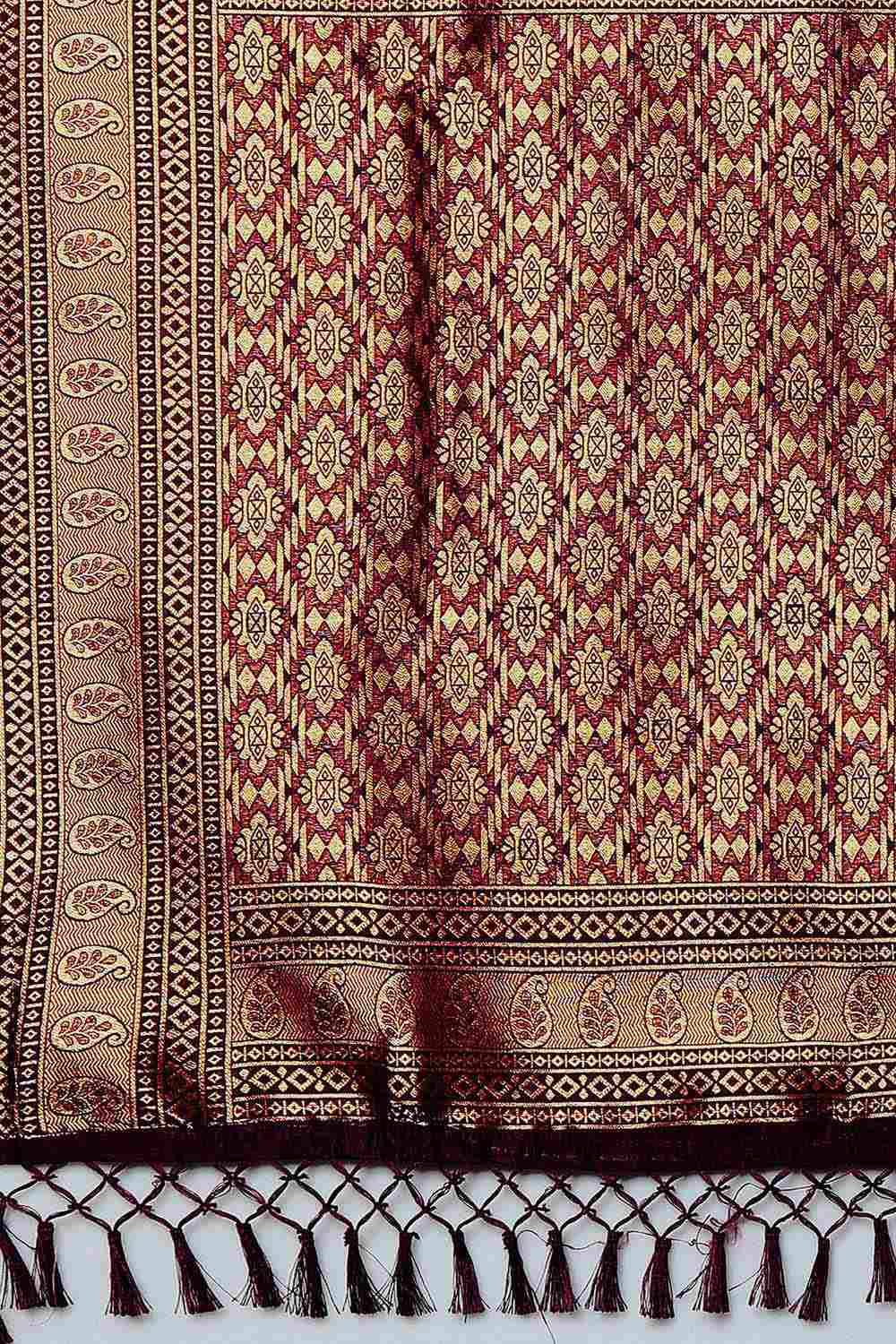 Buy Zina Burgundy Silk Blend Ethnic Motif Woven Design Banarasi One Minute Saree Online