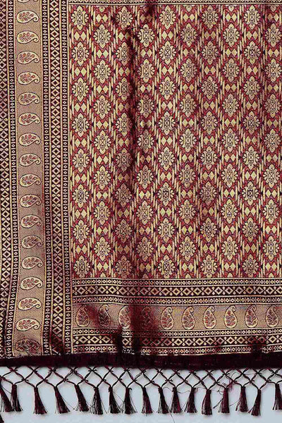 Buy Zina Burgundy Silk Blend Ethnic Motif Woven Design Banarasi One Minute Saree Online