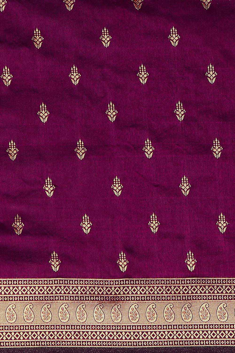 Buy Zina Burgundy Silk Blend Ethnic Motif Woven Design Banarasi One Minute Saree Online - Back