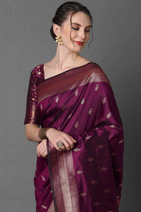 Buy Zina Burgundy Silk Blend Ethnic Motif Woven Design Banarasi One Minute Saree Online - Front