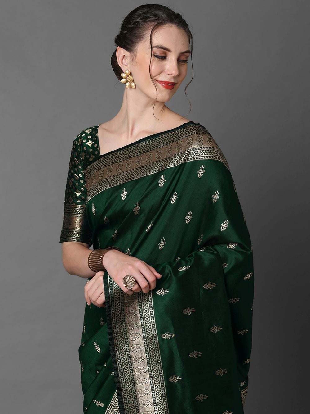 Shop Salome Dark Green  Banarasi One Minute  Saree at best offer at our  Store - One Minute Saree