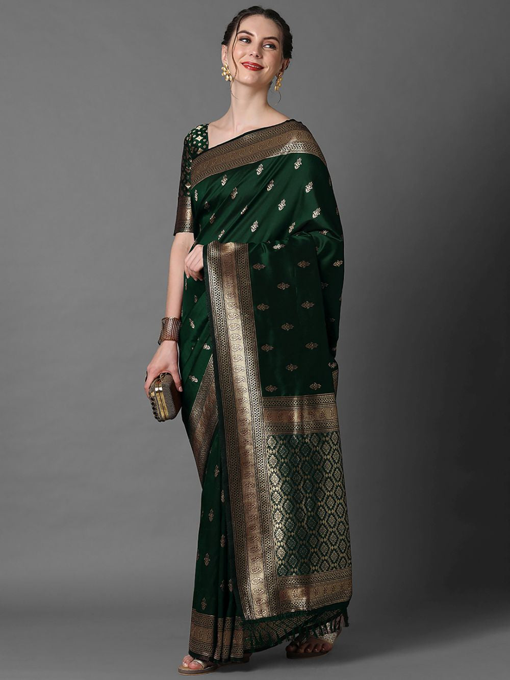 Buy Salome Dark Green  Banarasi One Minute  Saree Online - Back