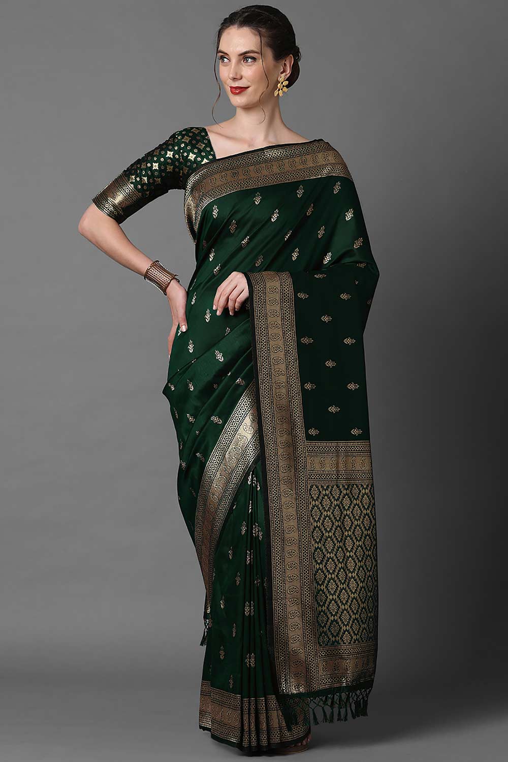 Buy Salome Dark Green  Banarasi One Minute  Saree Online - One Minute Saree