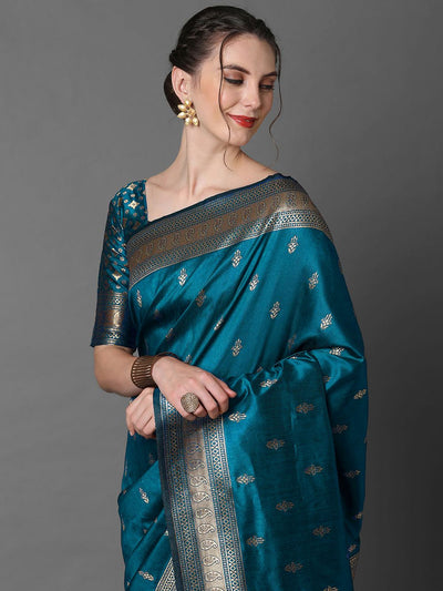 Shop Minal Teal Blue Silk Blend Banarasi One Minute Saree at best offer at our  Store - One Minute Saree