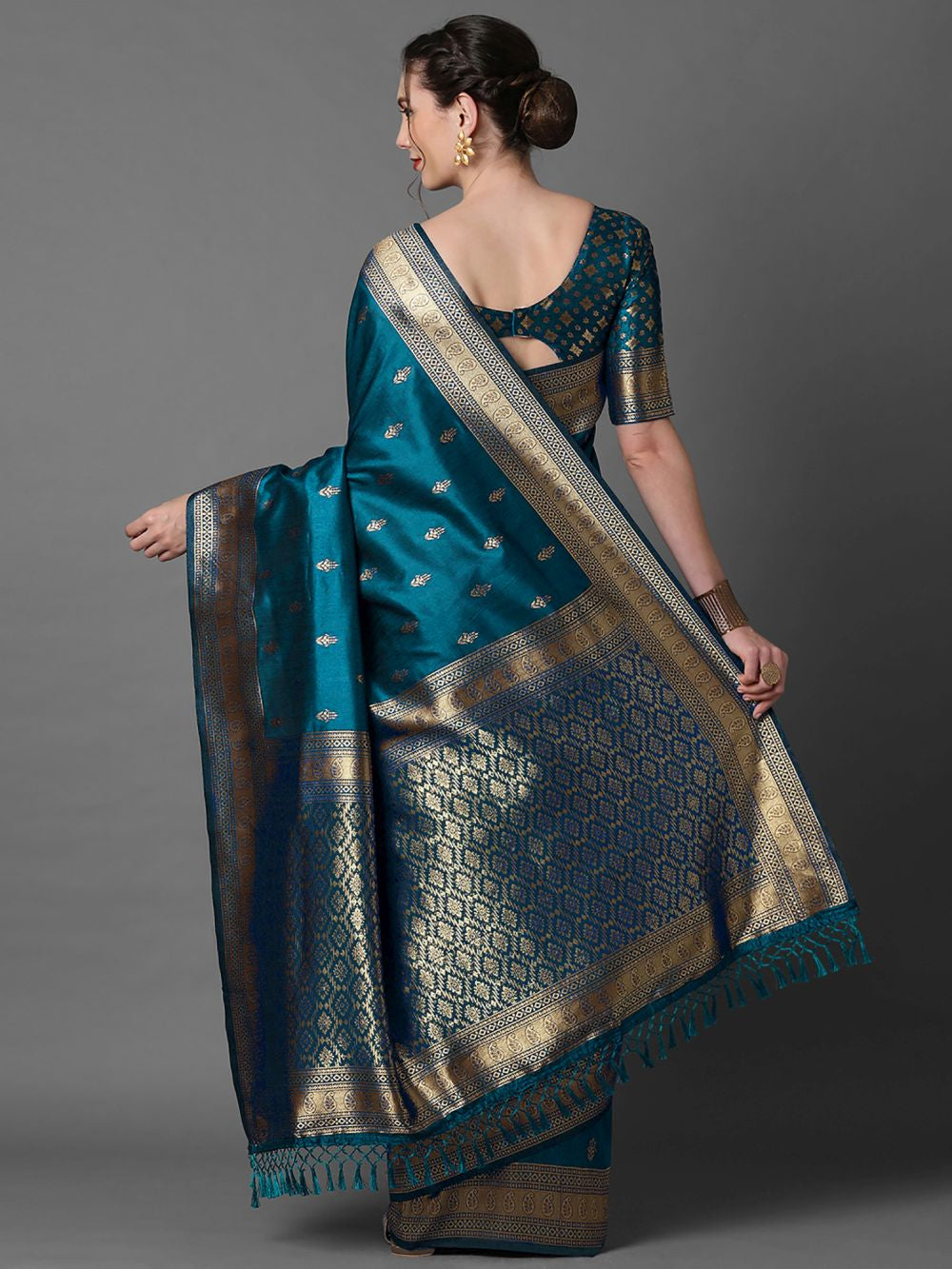 Buy Minal Teal Blue Silk Blend Banarasi One Minute Saree Online