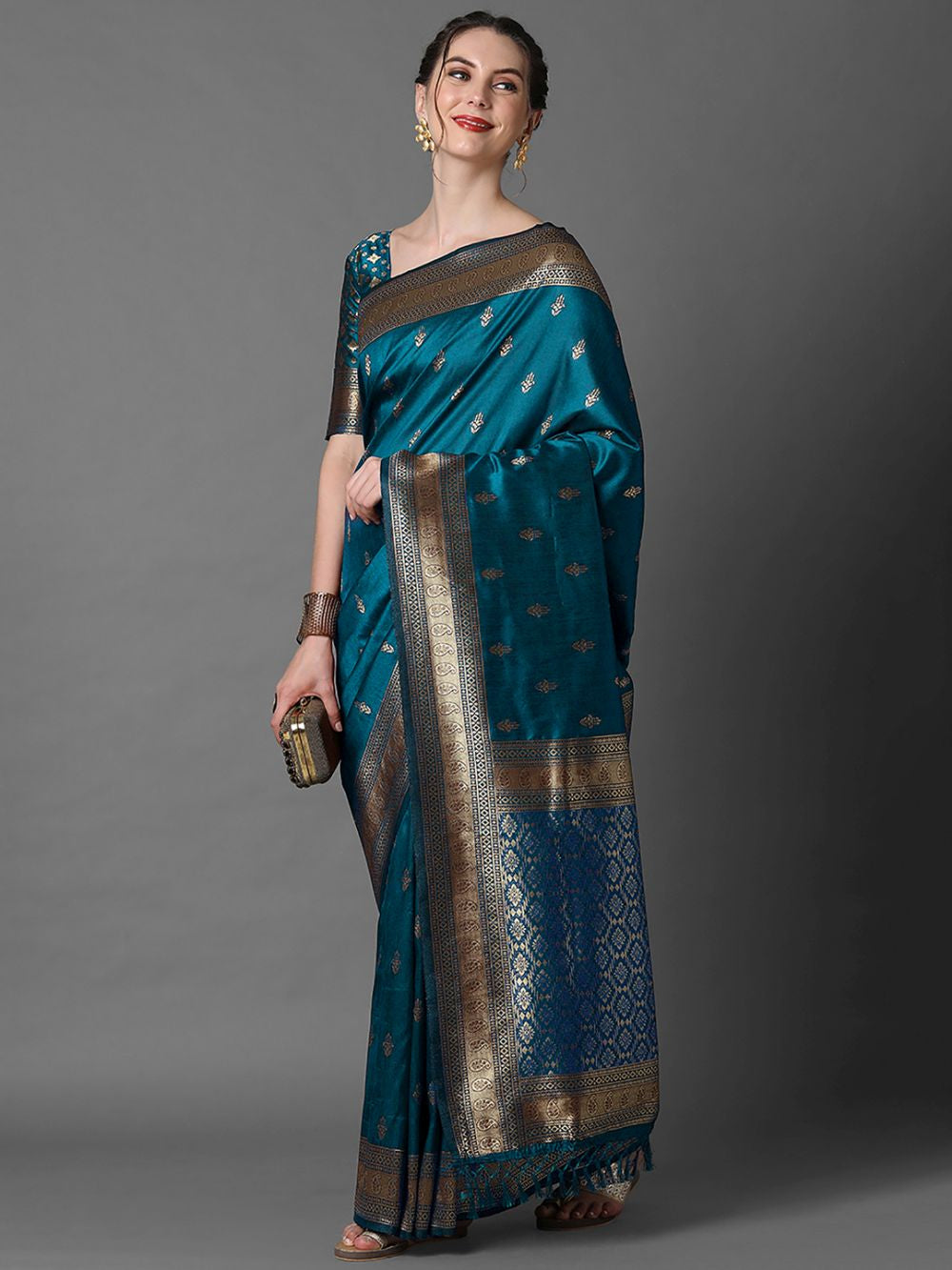 Buy Minal Teal Blue Silk Blend Banarasi One Minute Saree Online - Back