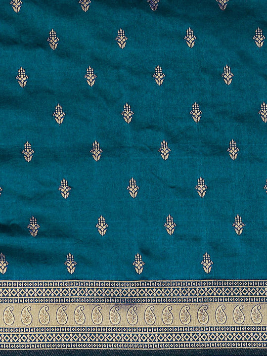 Buy Minal Teal Blue Silk Blend Banarasi One Minute Saree Online - Front
